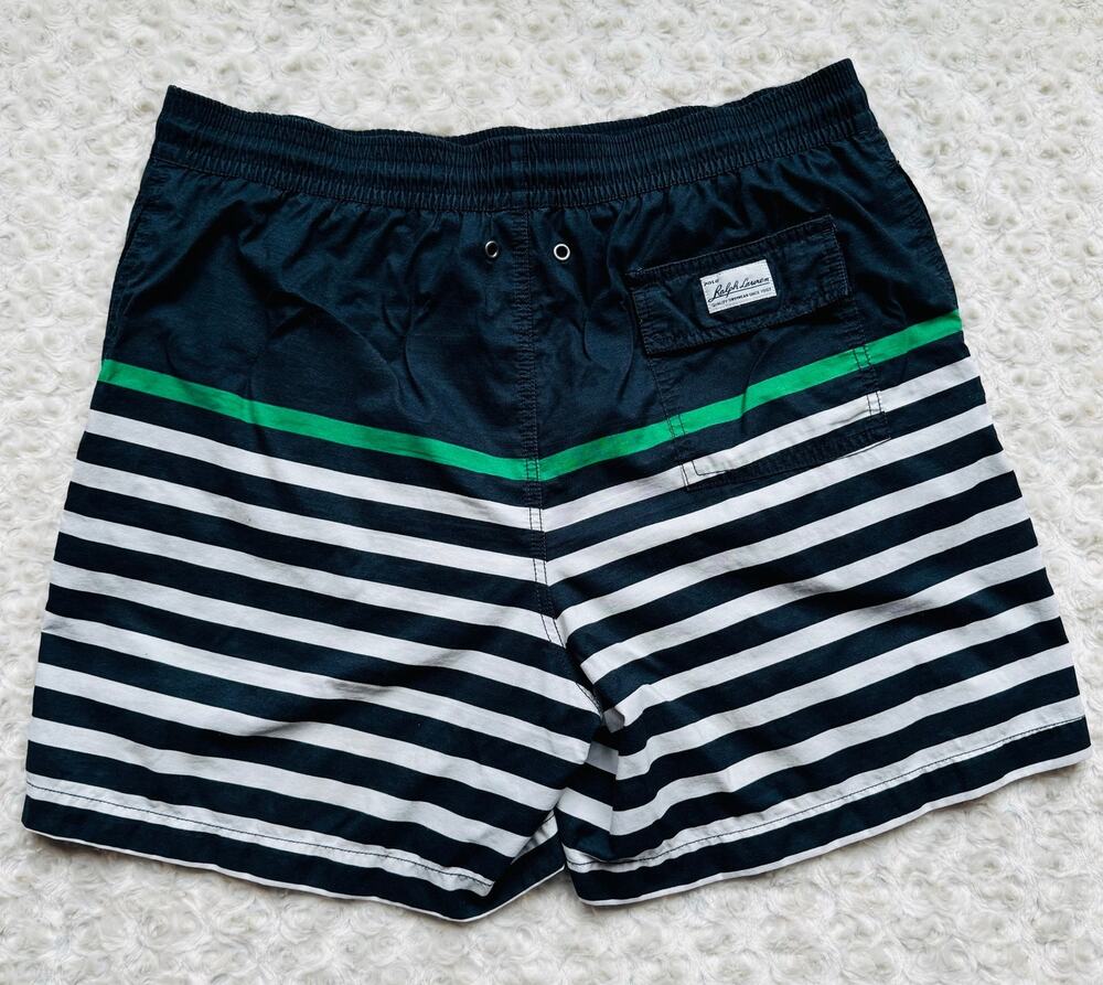 POLO Ralph Lauren Men Cotton Striped Navy Blue Preppy Swim Trunks Bathing Suit L